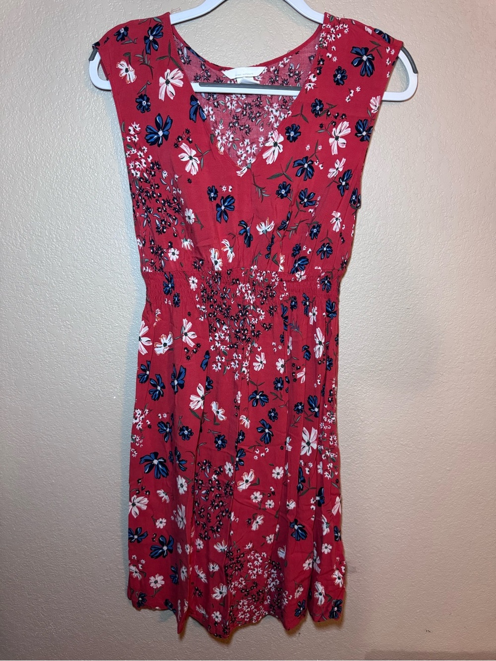 H&M Red/Orange Floral Mini Dress with Navy & White Accents